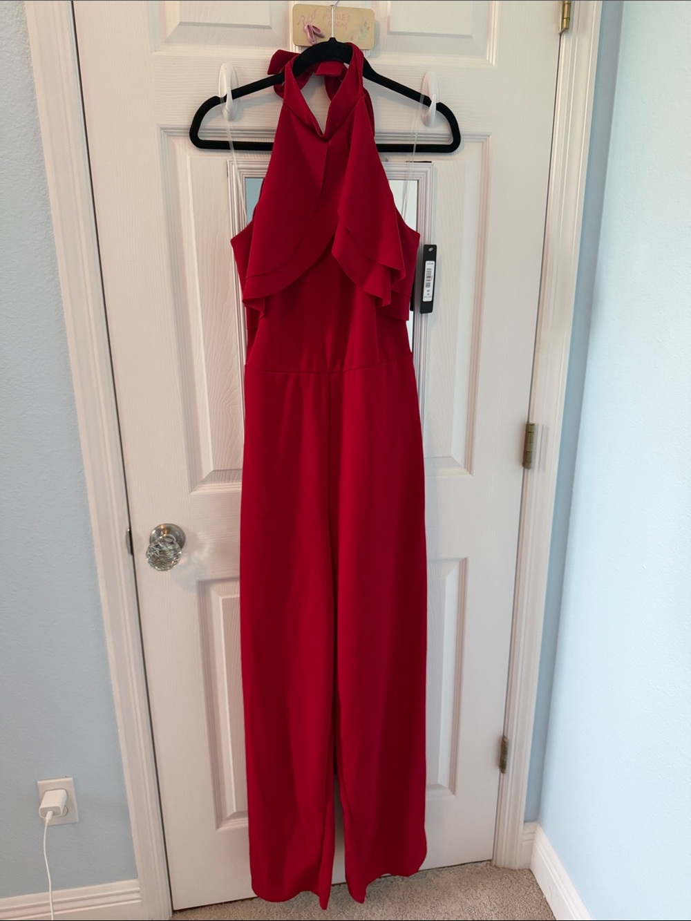 bebe Red Halter Ruffle Jumpsuit